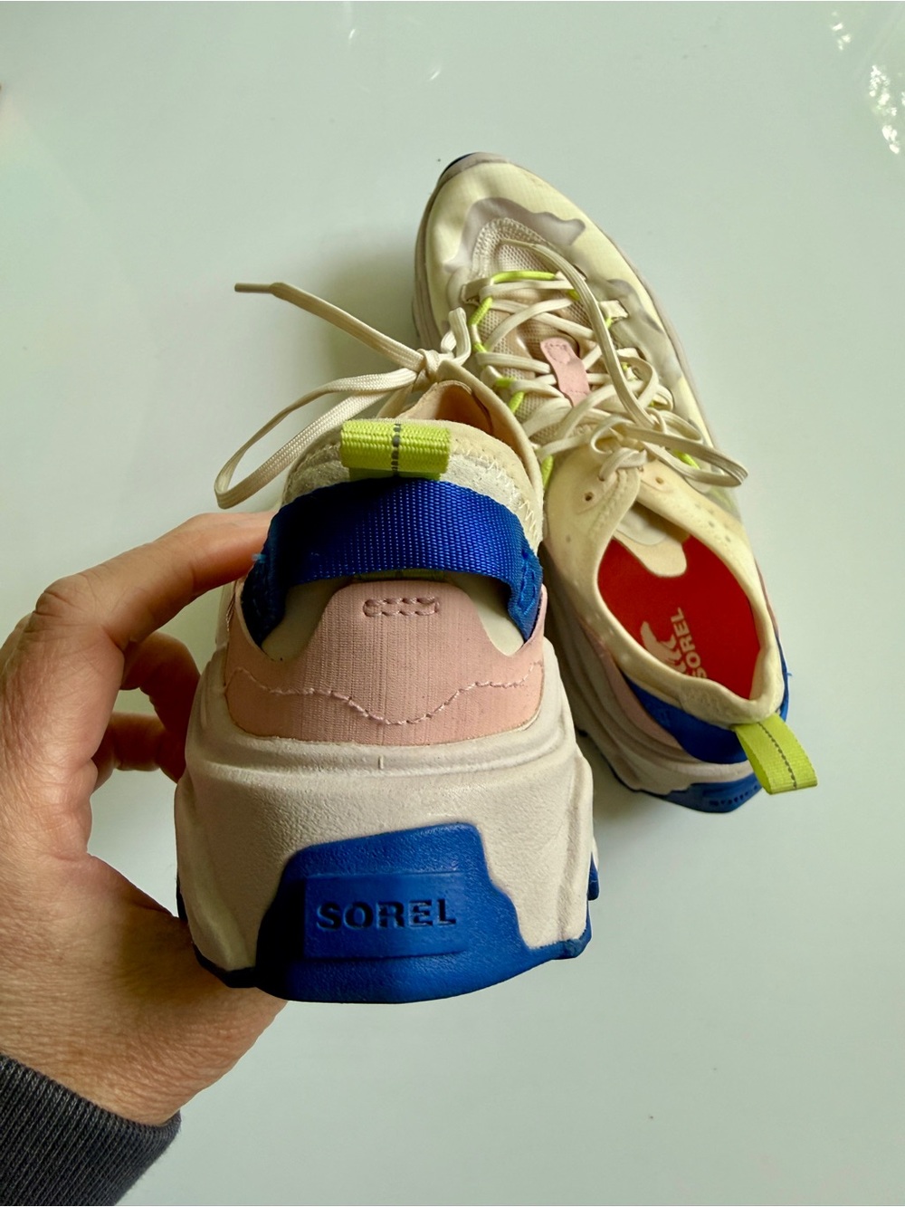 Sorel Cream and Pink Athletic Sneakers with Neon Yellow Accents - Picture 4 of 6